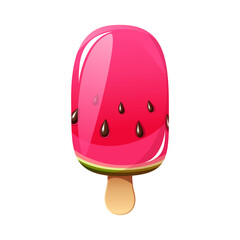 Watermelon ice cream, fruit popsicle on a wooden stick with pieces of watermelon. Summer cold dessert, frozen juice, fruit ice. Ice cream with watermelon.Vector illustration.