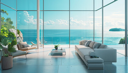A large white living room with a view of the ocean