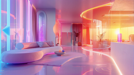 Futuristic living room interior with pink and orange neon lights, glass walls and curved furniture in retro futurism style - obrazy, fototapety, plakaty