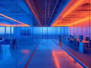 A large office building with a blue and orange color scheme. The walls are made of glass and the floors are made of concrete. The office is very bright and spacious