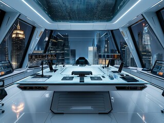 A futuristic office with a large glass window overlooking a city. The room is filled with modern technology and has a sleek, minimalist design. Scene is one of innovation and progress - obrazy, fototapety, plakaty
