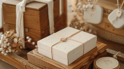 A white box with a gold chain and a small stone on top of it