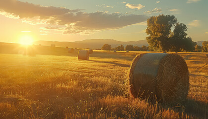 A field of hay with a sun in the background