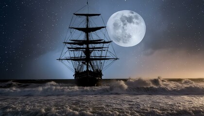 black Spanish galleon ship on a stormy night with high waves and fierce winds  - obrazy, fototapety, plakaty