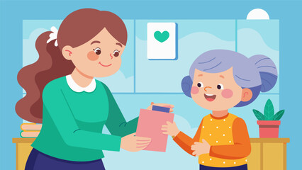 A young girl proudly presenting her first responsibility allowance to her grandmother grateful for the lessons on financial responsibility and