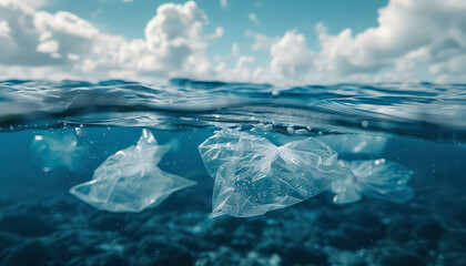 A plastic bag is floating in the ocean