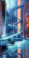 Futuristic spiral staircase with plants in a modern interior, blue and orange colors convey a sense of optimism and excitement, digital art, interior design, surrealism.