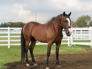 A brown horse standing in a dirt field with a white fence in the background. The horse is wearing a bridle and he is looking to the right - obrazy, fototapety, plakaty
