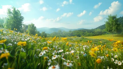 Fototapeta premium Field of colorful flowers with distant mountain view