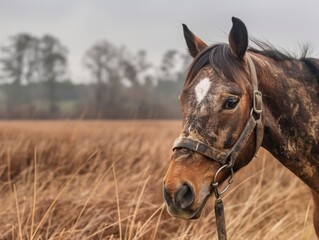 A brown horse with a white face is standing in a field of tall grass. The horse is wearing a bridle and he is dirty. Concept of calm and peacefulness