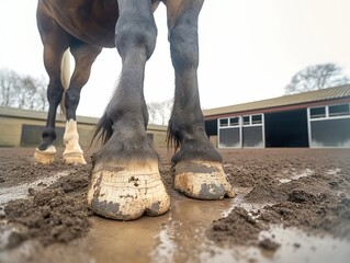 A horse with its hooves in the mud. The horse is standing in a dirt field. The mud is wet and the horse's hooves are dirty
