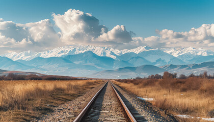 A train track runs through a snowy mountain range