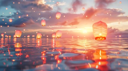 A serene image blending Memorial Day and the Lantern Festival, featuring glowing lanterns floating against a backdrop of pure solid white. 
