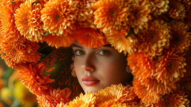 A woman wearing a flower crown on her head. This picture can be used for various purposes. Summer concept for fashion art  - Powered by Adobe