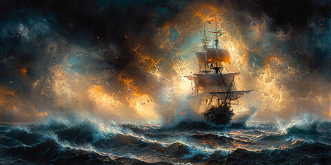 A pirate ship sails on stormy seas,  - obrazy, fototapety, plakaty