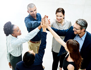 Business people, hands and group high five with support for b2b project planning for goal, target...