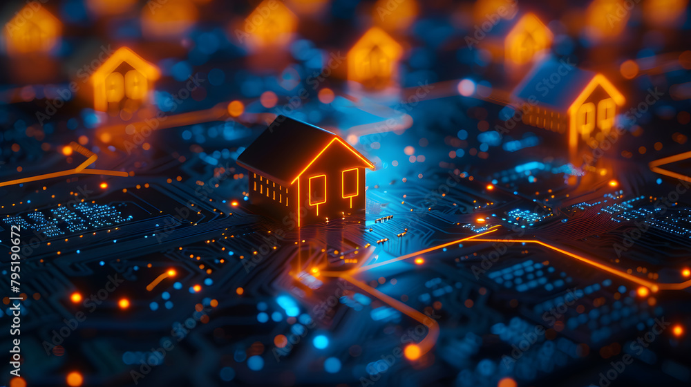 Poster digital house on a complex circuit board symbolizing smart home technology