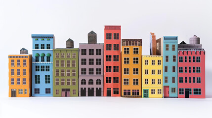 a set of buildings in all different colors are shown