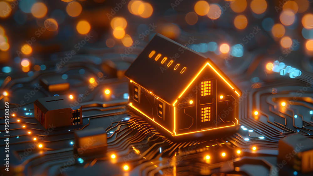 Poster digital house on a complex circuit board symbolizing smart home technology