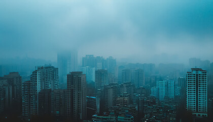 A city skyline is shown with a hazy, foggy atmosphere