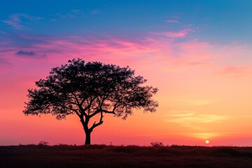 The silhouette of the trees contrasts with the colorful sunset.