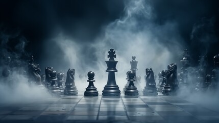 Chess figures on a dark background with smoke and fog. Epic chess game illustration. Chess game...