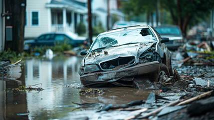 Obraz premium Wrecked, silver car lies abandoned in a flooded street, with debris and damaged homes in the background.