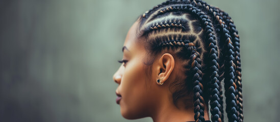 Side profile of a woman with elaborate braided hair against a muted background, showcasing the intricate hairstyle.