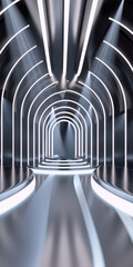 Futuristic empty fashion runway with grey arches and spotlights in the interior