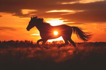 Silhouette of a horse galloping through a rice field at sunset