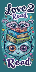 Cute cartoon alien with big eyes and heart-shaped body surrounded by books and hearts in a colorful and whimsical illustration style.