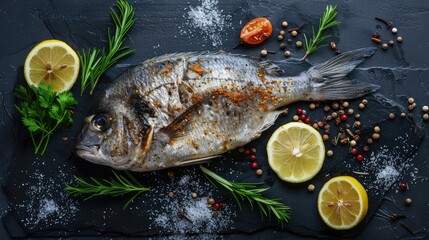 Raw fish with spices herbs and lemon on the background