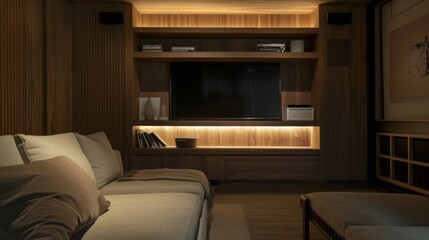 Modern Japandi style media room with built-in wooden storage and cozy lighting ambiance