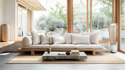 Elegant Japandi-style living room blends Scandinavian functionality with Japanese minimalism