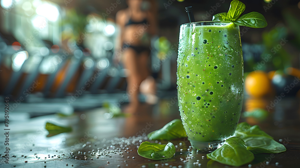 Wall mural A woman drinking green juice while listening to music at the gym
 - Wall murals