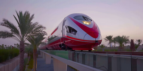 Trem de alta velocidade em uma pista elevada futurista