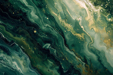 Green and gold liquid art painting with an elegant look and a luxurious feel, perfect for interior design and home decor.