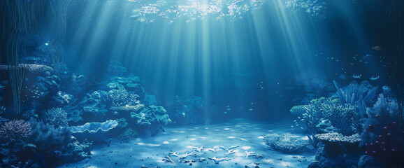 Undersea coral reef with a sandy ocean floor in the foreground and sunlight streaming through the water above in blue green and turquoise colors, digital art