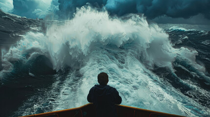 A pov image from the perspective of a person on a ferry in a storm The person is looking back at a massive wave coming up the stern of the ferry - Powered by Adobe