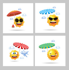A sweet sun with an umbrella in his hand. 3d vector banner 