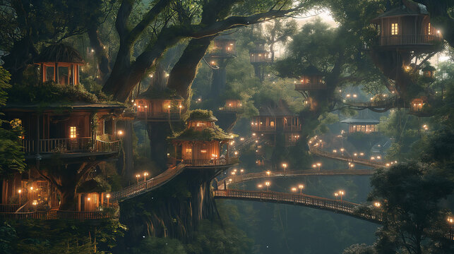 The image shows several tree houses connected by bridges in a misty forest.

