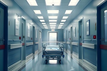 A hospital hallway with a row of beds Digital image,Hospital Cleaning,A hospital hallway with a row of beds Digital image