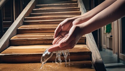 person on the stairs  with water on hands 
