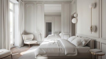 Fototapeta na wymiar Elegant minimalist Neoclassical bedroom with natural light and modern amenities