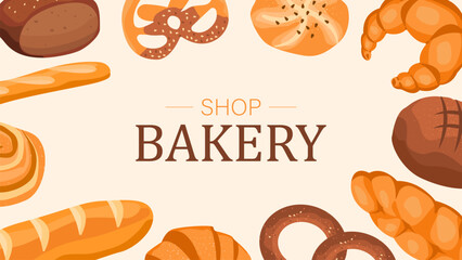 Flat vector illustration poster for bakery shop. Bakery products, bread, croissant, baguette, bun, bagel.