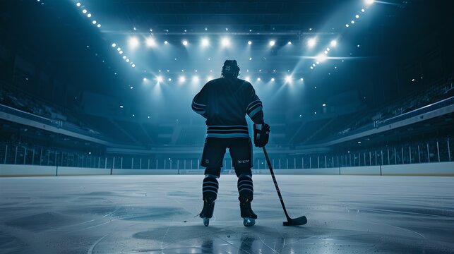 Silhouette of a Hockey Player Ready for Action on Ice, under Arena Lights. Capturing the Intense Atmosphere before the Game Starts. Perfect for Sports and Competition Themes. AI