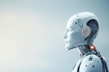 Close-up profile view of a human-like android head, showcasing futuristic artificial intelligence technology. Futuristic Human-Like Robot Head Profile