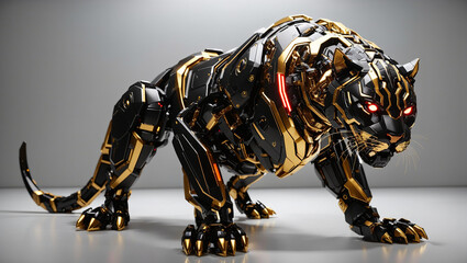  a robotic panther crouched on the ground. The panther is made of gold and black metal, with glowing orange eyes. There are several small lights on its body, and its tail is tipped with a sharp blade.