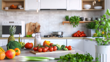 Freshly picked organic vegetables and fruits on a kitchen counter in front of a bright and modern kitchen interior with white cabinets and stainless steel appliances in the background