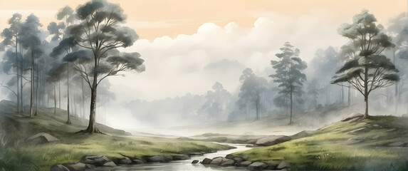 Gentle morning light bathing a tranquil forest, evoking warmth and the promise of a new day